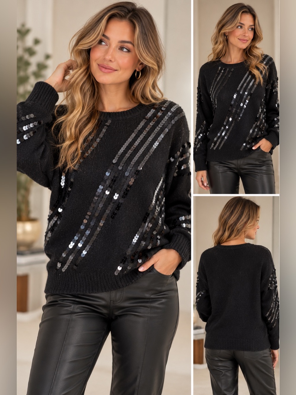 Vintage Nilani Black Sequin Sweater Medium Silk Angora 80s Glam Art to Wear